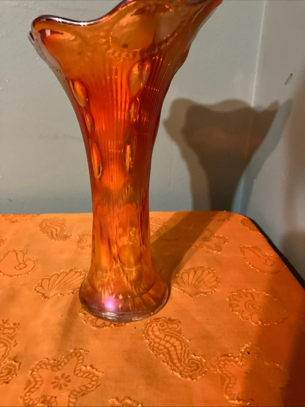 Vintage Marigold Imperial Carnival Glass Stretch Beaded & Ribbed Vase 10”